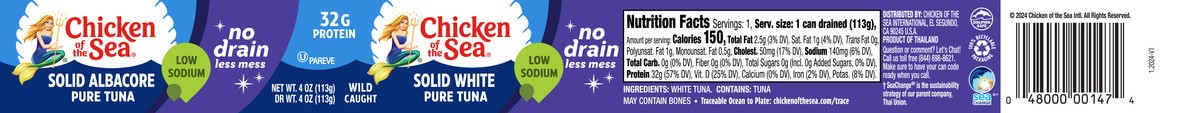 slide 9 of 10, Chicken of The Sea Wild Caught Solid White Pure Low Sodium No Drain Tuna, 4 oz