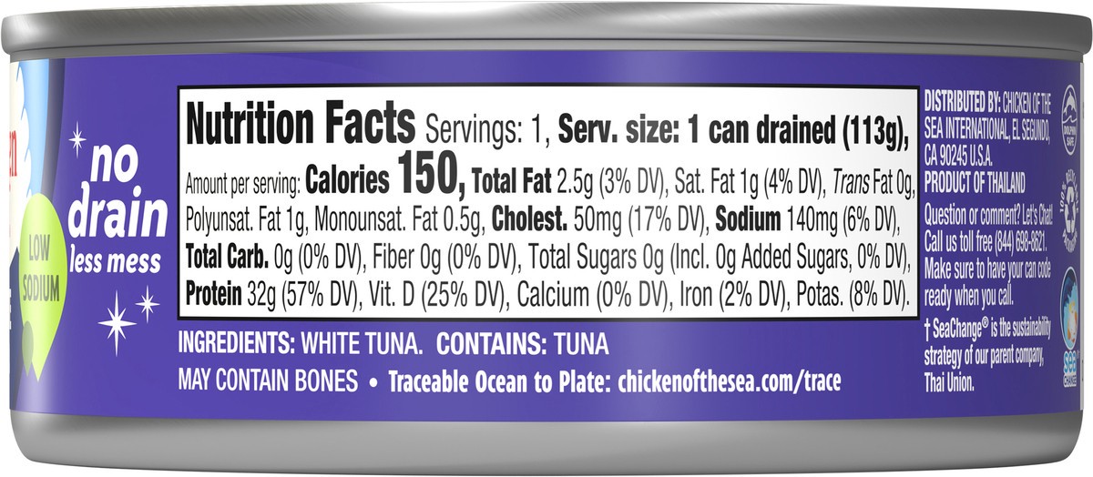 slide 5 of 10, Chicken of The Sea Wild Caught Solid White Pure Low Sodium No Drain Tuna, 4 oz