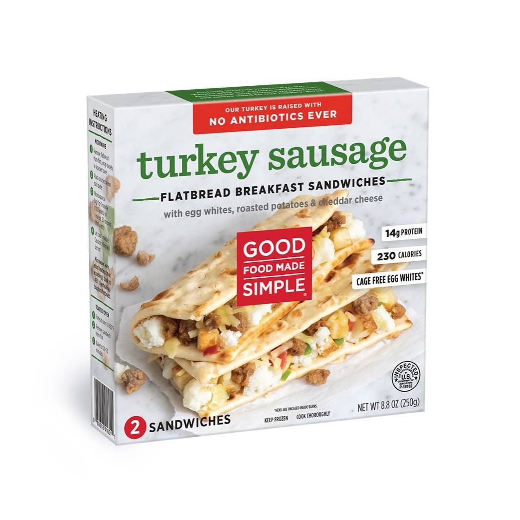 slide 1 of 5, Good Food Made Simple Turkey Sausage & Egg Whites Frozen Flatbread, 8.8 oz