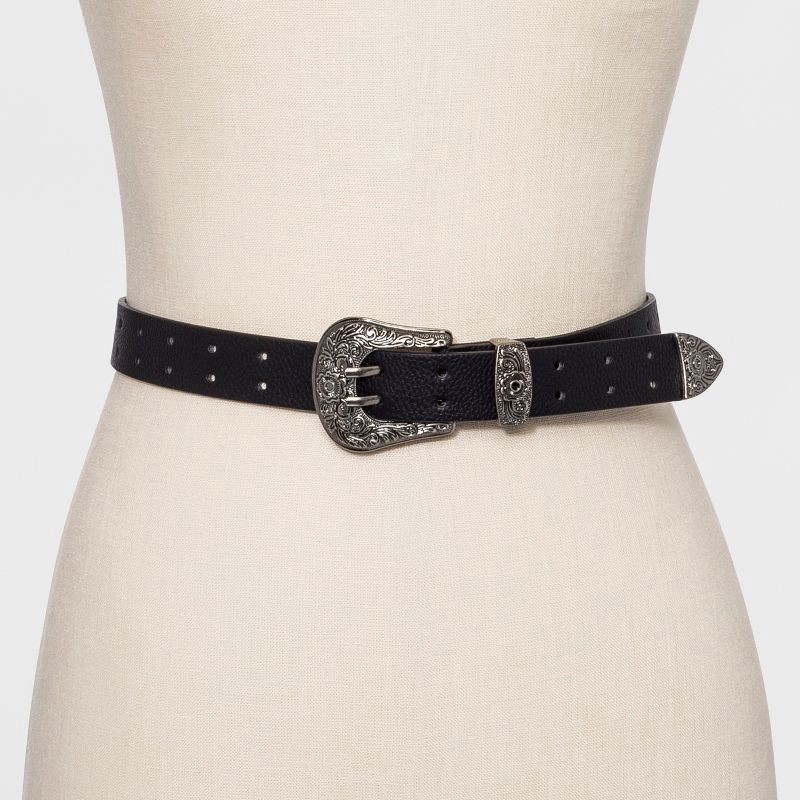slide 2 of 2, Women's Double Perf Western Belt - Wild Fable™ Black S: Adjustable Strap, Solid Pattern, 1 ct