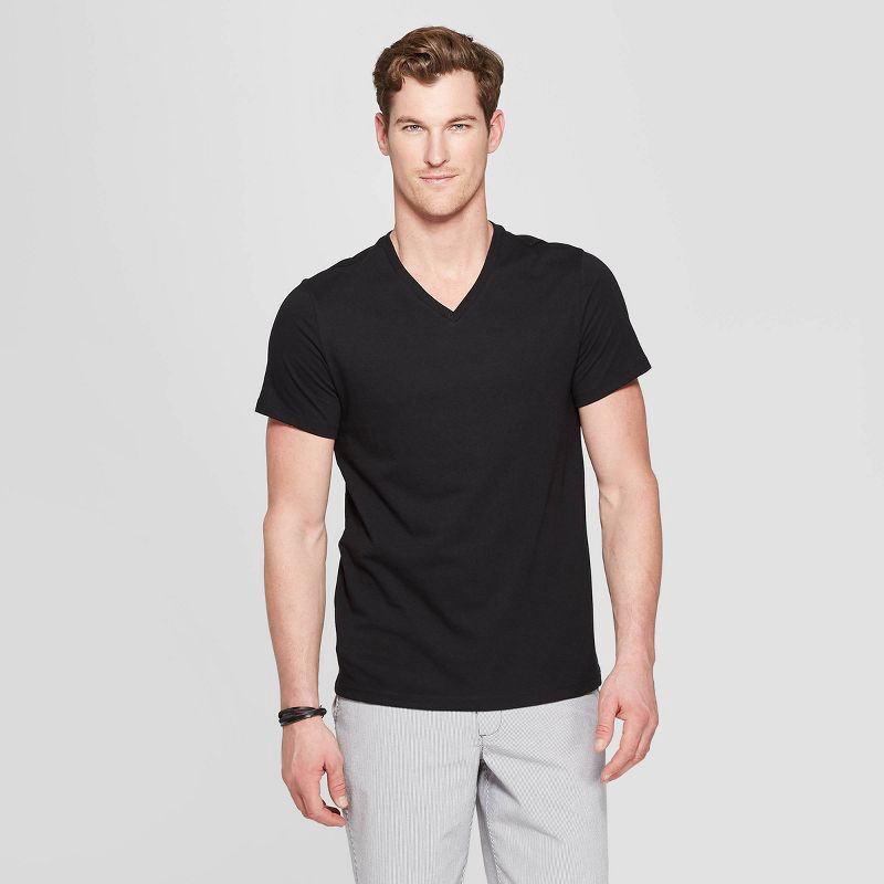 slide 1 of 3, Men's Every Wear Short Sleeve V-Neck T-Shirt - Goodfellow & Co™ Black XL: Midweight, Pullover, 1 ct