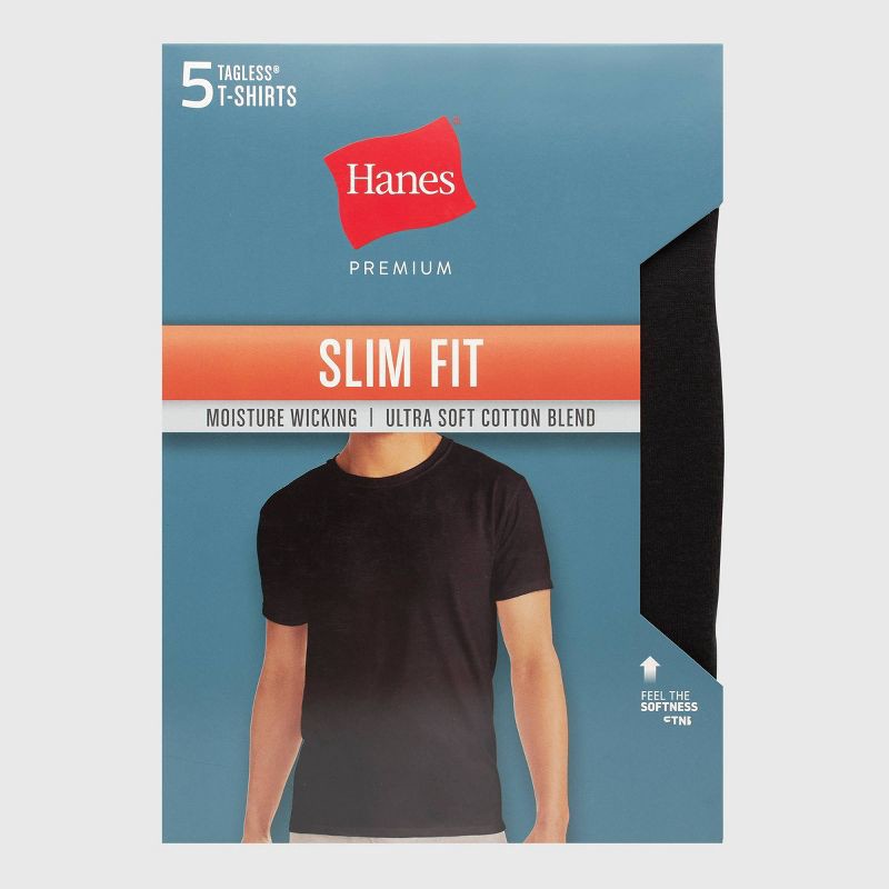slide 4 of 4, Hanes Premium Hanes Men's Premium 5pk Slim Fit Crew Neck T-Shirt - Black M: Tagless, Lightweight, Jersey Fabric, 5 ct