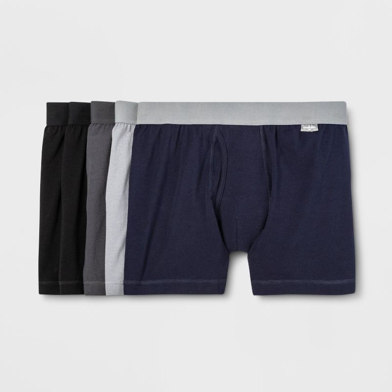 slide 1 of 1, Men's Boxer Briefs 5pk - Goodfellow & Co™ Black/Gray/Navy M: Cotton Spandex Blend, Mid Rise, Machine Washable, 5 ct