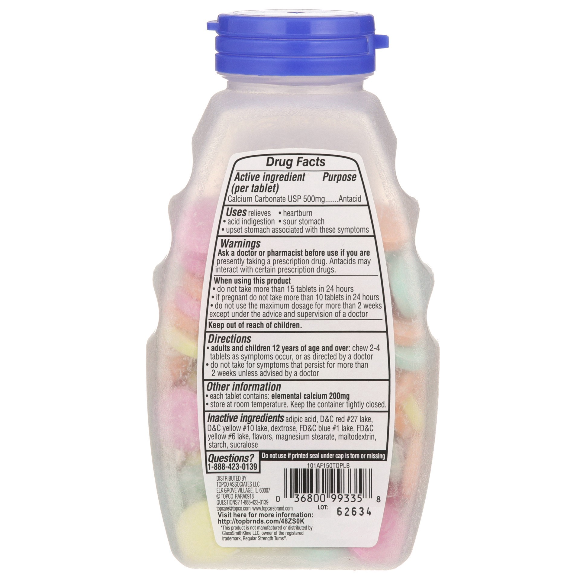 slide 3 of 6, TopCare Antacid Calcium Regular Strength Chewable Assorted Fruit, 150 ct