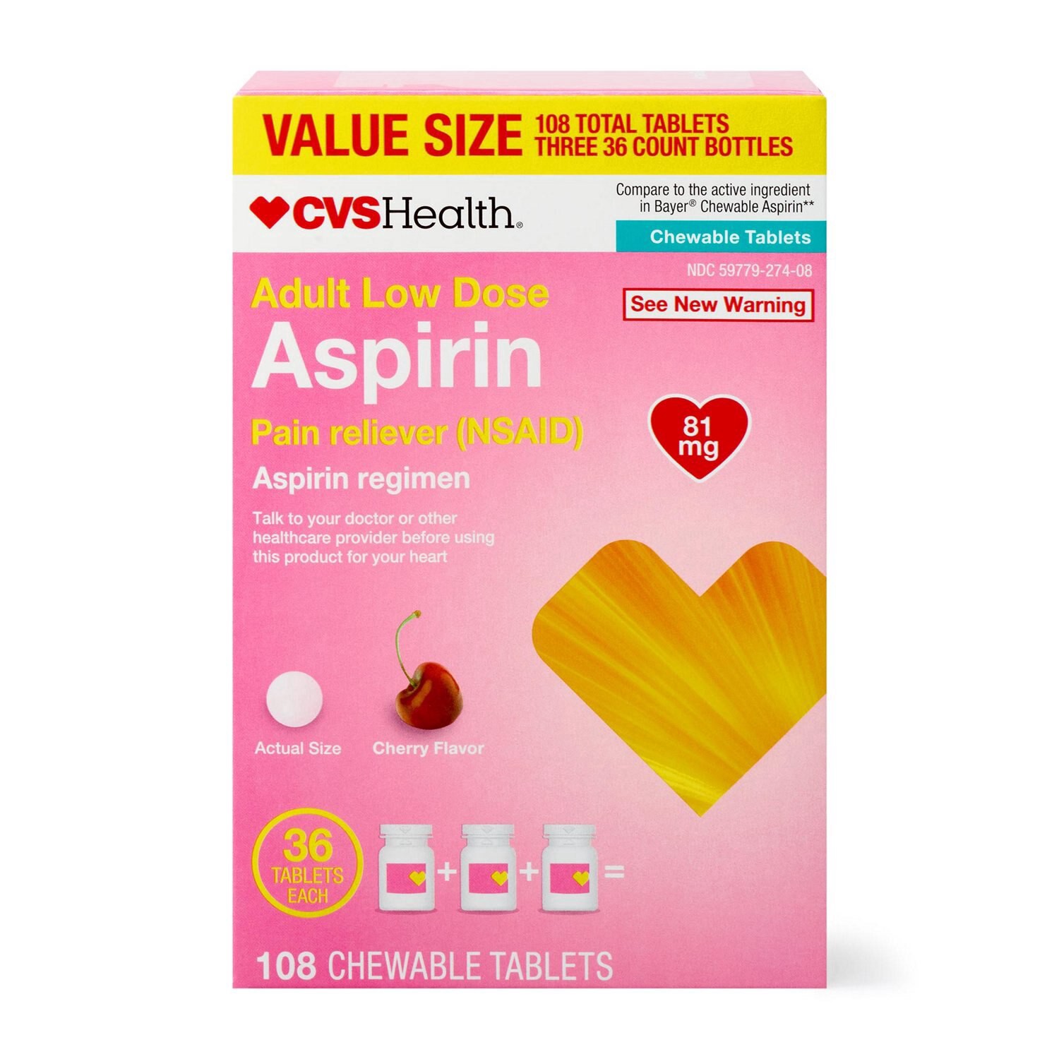 slide 1 of 9, Cvs Adult Low Dose Aspirin 81 Mg Chewable Tablets, Cherry, 108 Ct, 36 ct