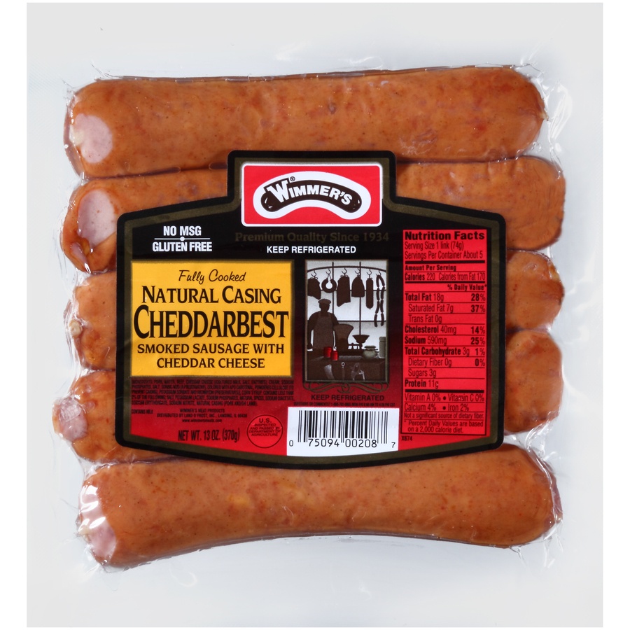 slide 1 of 1, Wimmer's Natural Casing Cheddar Best Smoked Sausage With Cheddar Cheese 13 Oz. Pack, 13 oz