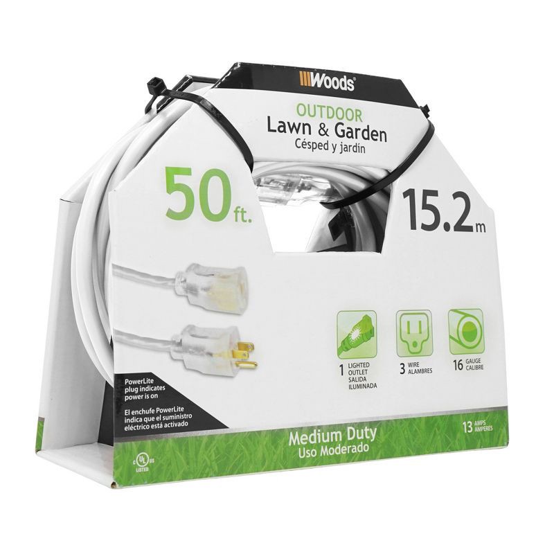 slide 1 of 1, Woods 50' Extension Cord with Lit End White, 1 ct