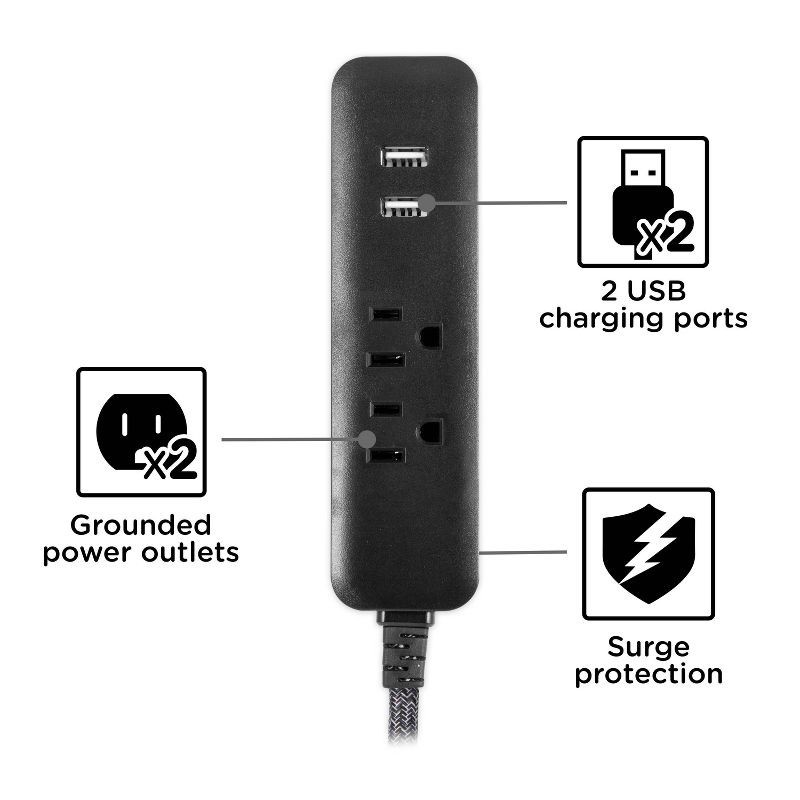 slide 3 of 6, Cordinate 4' 2 AC 2 USB Extension Cord Dark Heather, 1 ct