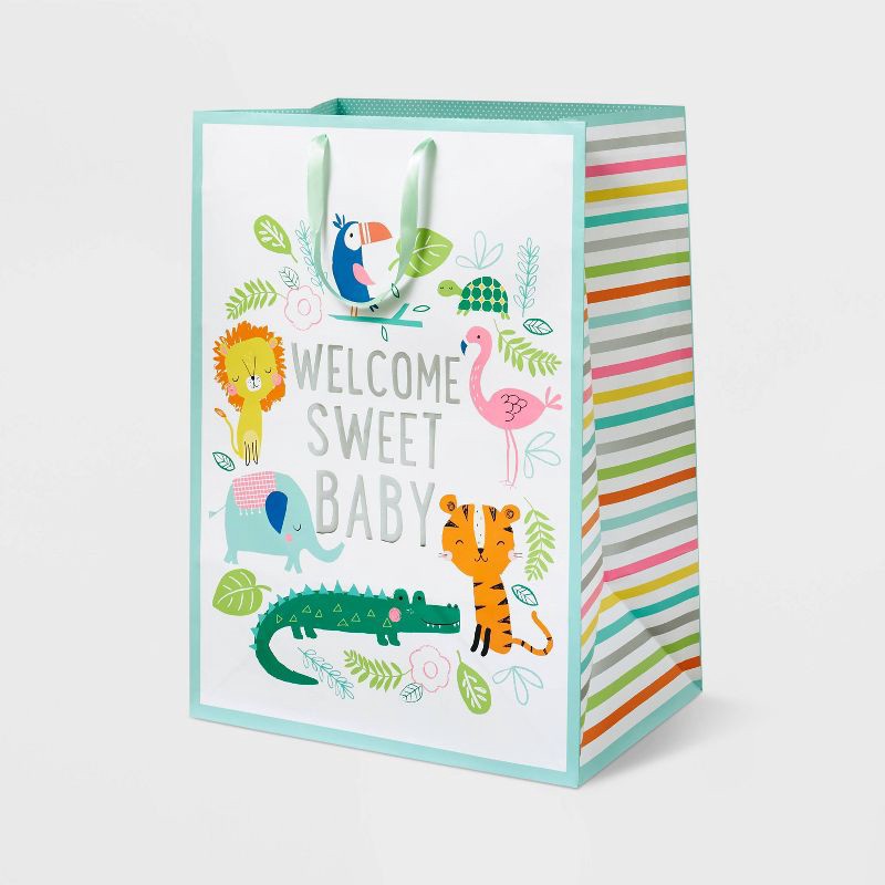 slide 1 of 3, XL 'Welcome Sweet Baby' Jungle Colossal Cub Gift Bag - Spritz™, 1 ct