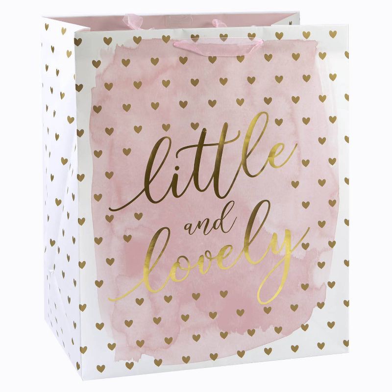 slide 1 of 2, XLarge 'Little & Lovely' Hearts Baby Shower Gift Bag Pink/Gold - Spritz™, 1 ct