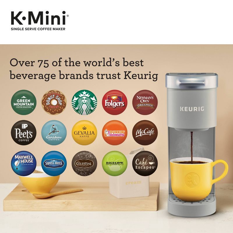 slide 9 of 11, Keurig K-Mini Single-Serve K-Cup Pod Coffee Maker - Gray: Compact, 12 oz Capacity, Automatic Shut-Off, Cord Storage, 1 ct