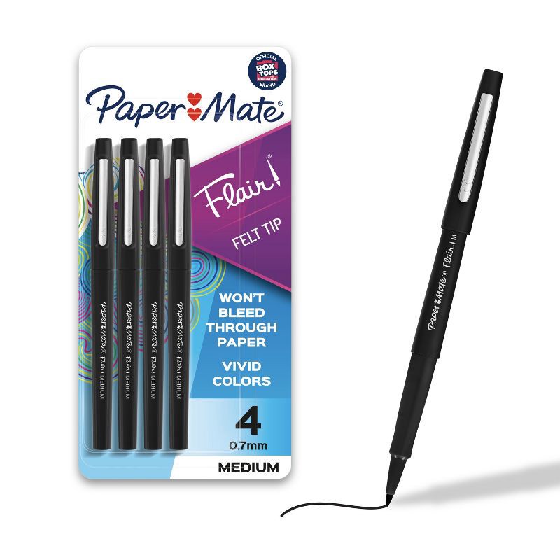 slide 1 of 9, Paper Mate Flair 4pk Marker Pens Felt Tip 0.7mm Black: Porous Point, Medium, Fade-Resistant, Durable, Office & Art Use, 4 ct; 0.7 mm