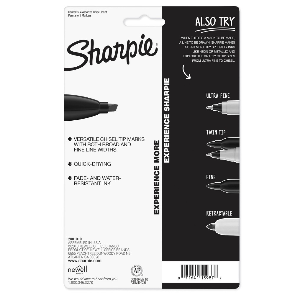 slide 4 of 4, Sharpie Permanent Markers Chisel Tip Multicolored, 4 ct