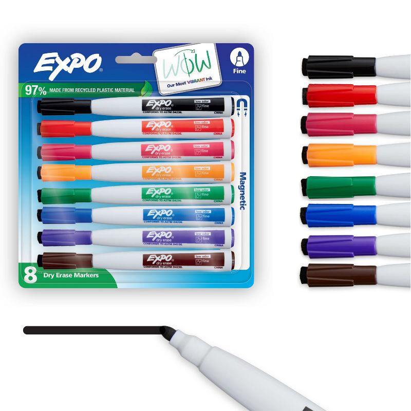 slide 1 of 8, Expo 8pk Dry Erase Markers Magnetic & Eraser Fine Tip Multicolored: Whiteboard Markers, Thin, Low Odor, Art & Stationery, 8 ct