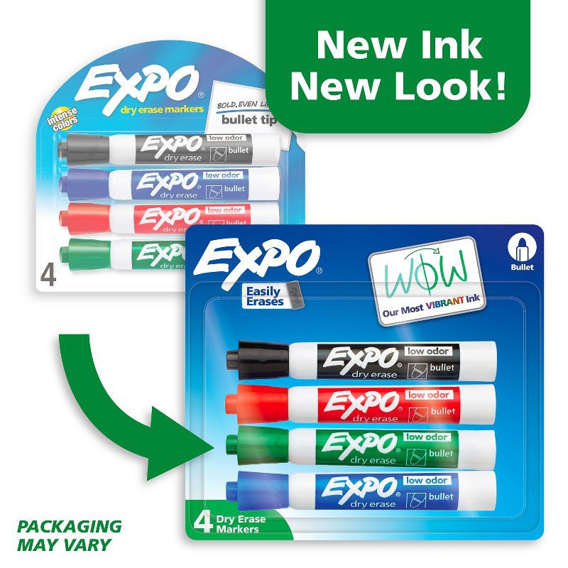 slide 2 of 7, Expo 4pk Dry Erase Markers Bullet Tip Multicolored: Bold Whiteboard Markers for Office & Art, 18+ Years, 4 Pack, 4 ct