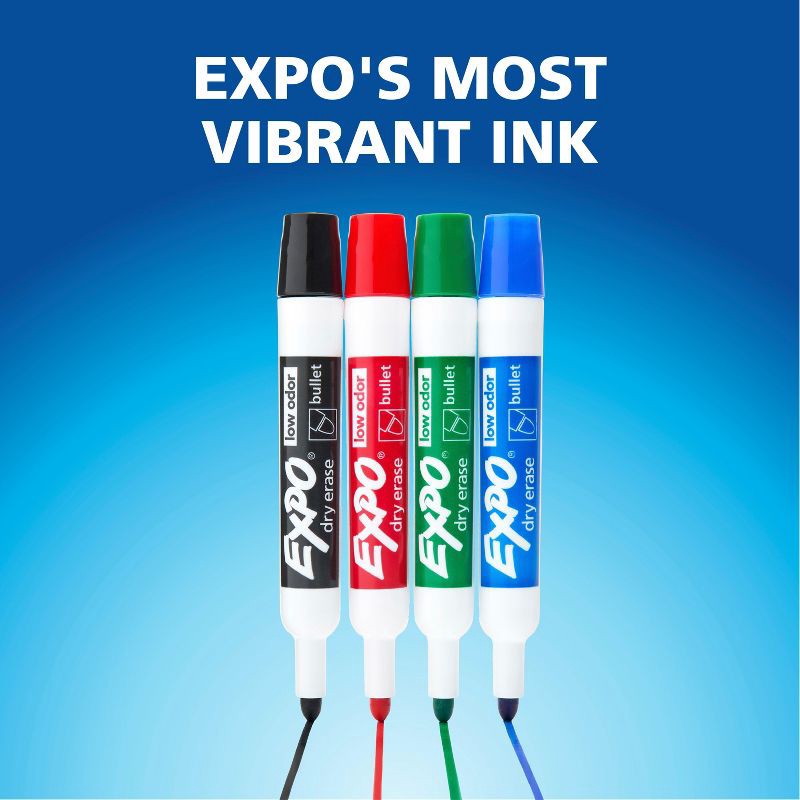 slide 6 of 7, Expo 4pk Dry Erase Markers Bullet Tip Multicolored: Bold Whiteboard Markers for Office & Art, 18+ Years, 4 Pack, 4 ct