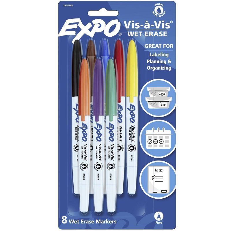 slide 1 of 10, Expo Vis-a-Vis 8pk Wet Erase Markers Fine Tip Multicolored, 8 ct