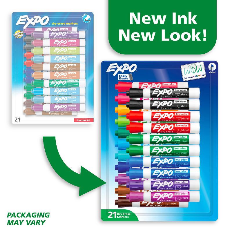 slide 2 of 7, Expo 21pk Dry Erase Markers Chisel Tip Multicolored: Whiteboard & School Supplies, Fine & Bold Point, Art & Office Use, 21 ct