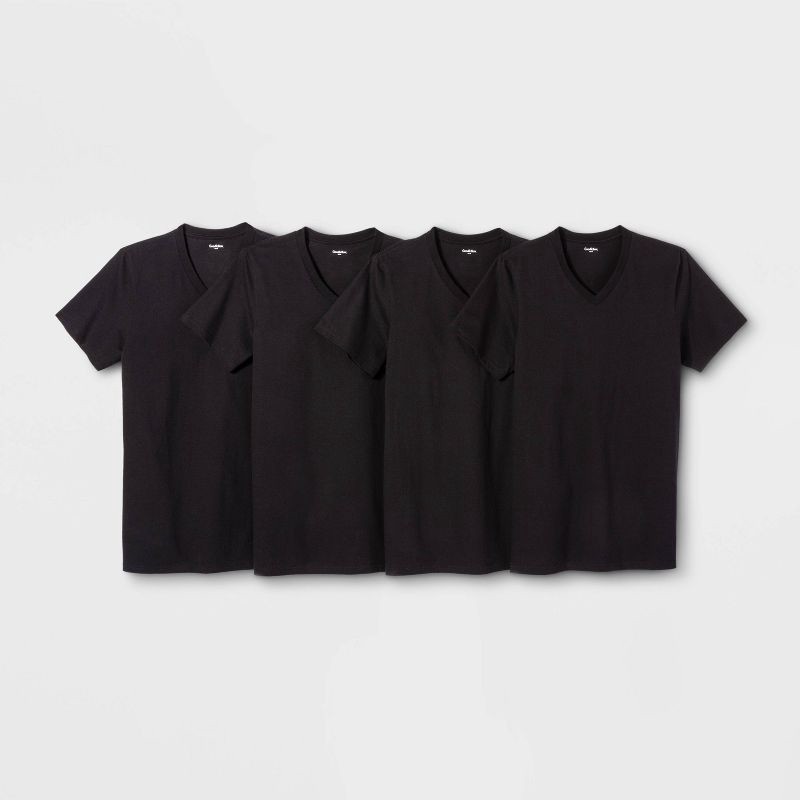 slide 1 of 1, Men's 4pk V-Neck T-Shirt - Goodfellow & Co™ Black L: Cotton Jersey, Short Sleeve, 4 ct
