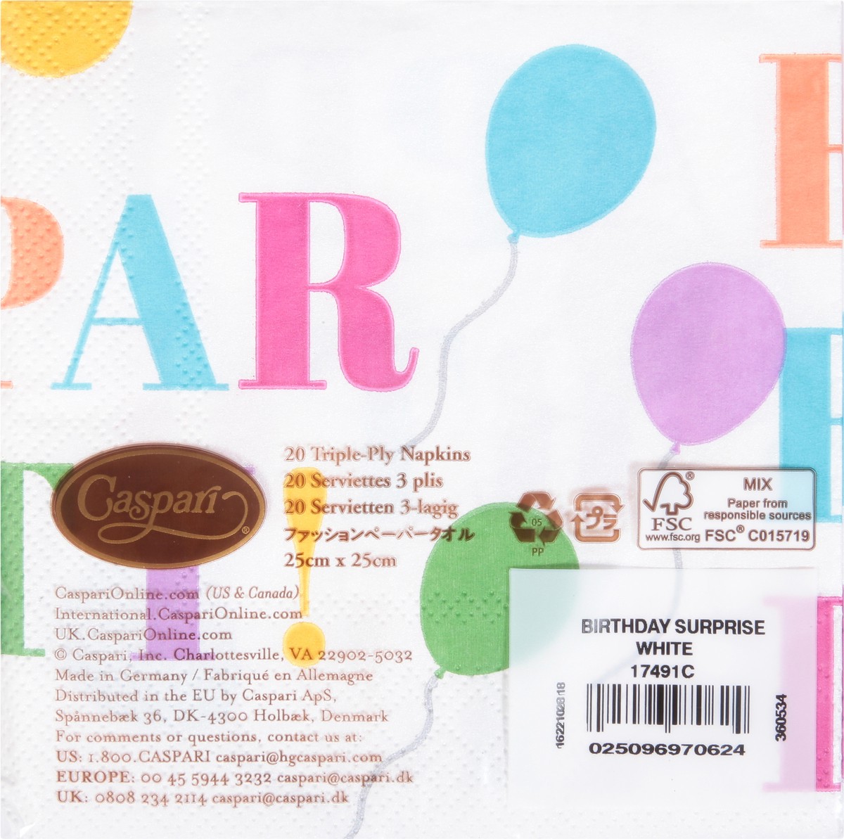 slide 9 of 9, Caspari Triple-Ply White Birthday Surprise Napkins 20 ea, 20 ct