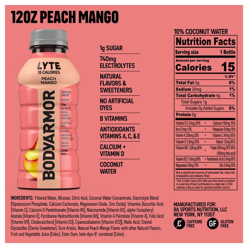 slide 6 of 6, BODYARMOR LYTE Peach Mango Sports Drink - 8pk/12 fl oz Bottles, 8 ct; 12 fl oz