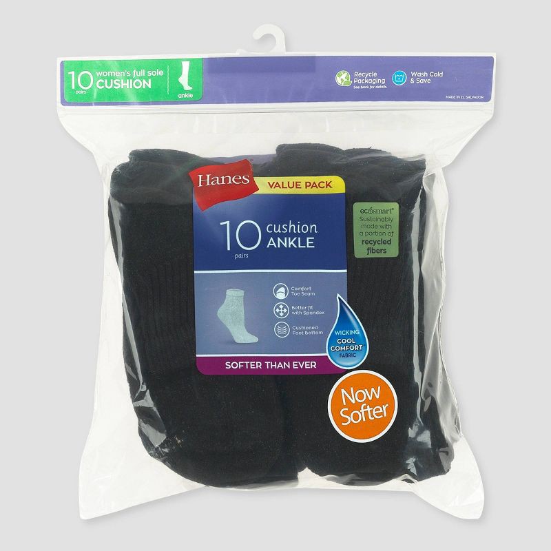 slide 3 of 3, Hanes Women's Extended Size 10pk Ankle Socks - Black 8-12: Cotton Blend, Reinforced Heel & Toe, Machine Washable, Style, 10 ct