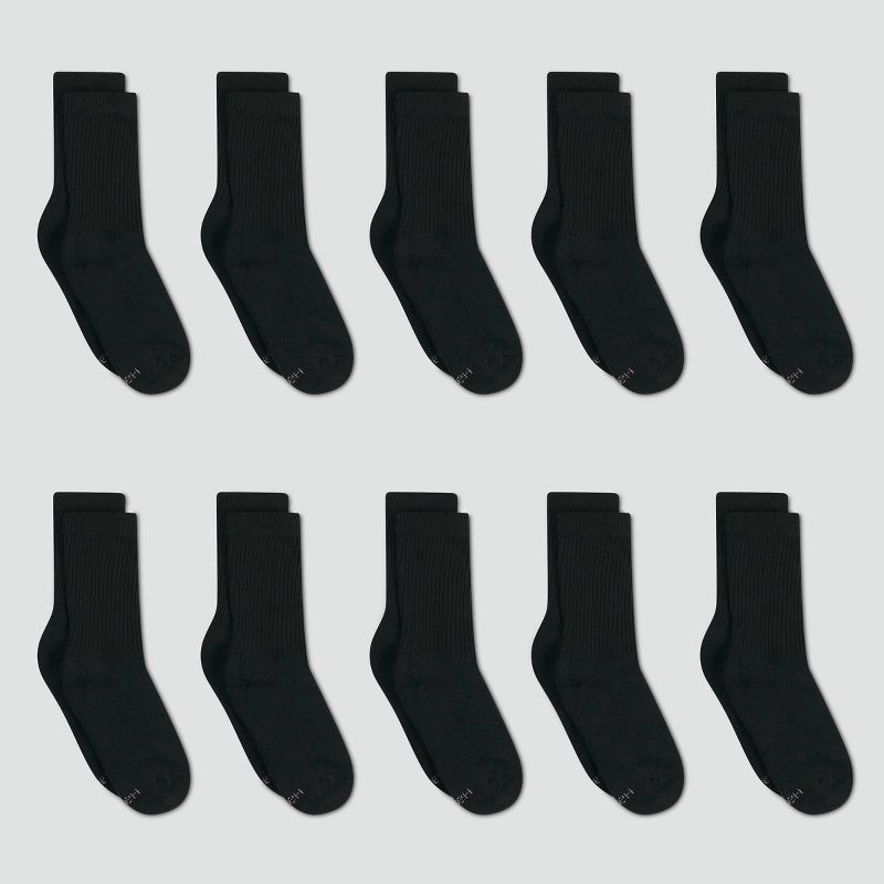 slide 2 of 3, Hanes Women's Extended Size Cushioned 10pk Crew Socks - Black 8-12: Midweight Knit, Reinforced Heel & Toe, 10 ct