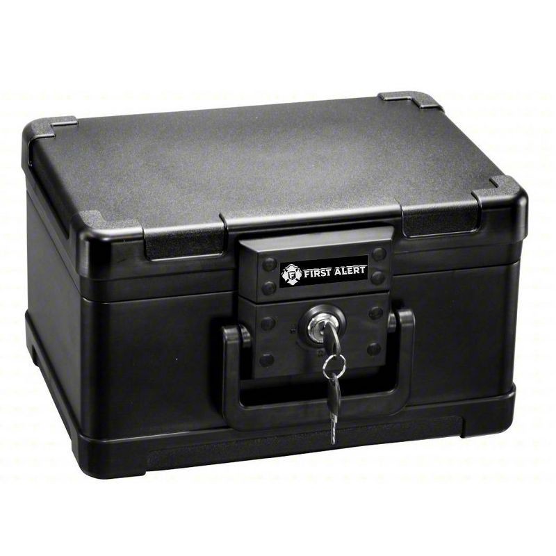 slide 1 of 3, First Alert Fire and Water Chest .15 cu ft: Fireproof Safe, Key Lock, Black, 5-Year Warranty, 1550°F Protection, 1 ct