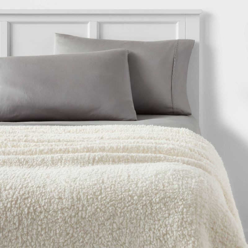 slide 2 of 3, Full/Queen Faux Shearling Bed Blanket White - Room Essentials™: Midweight, Plush, Machine Washable, 1 ct