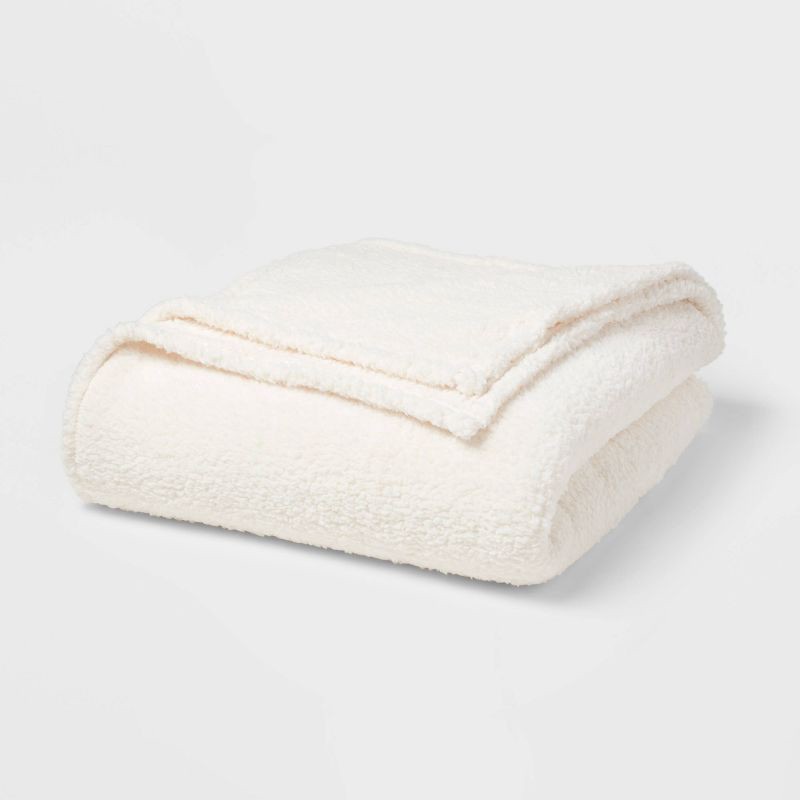 slide 1 of 3, Full/Queen Faux Shearling Bed Blanket White - Room Essentials™, 1 ct