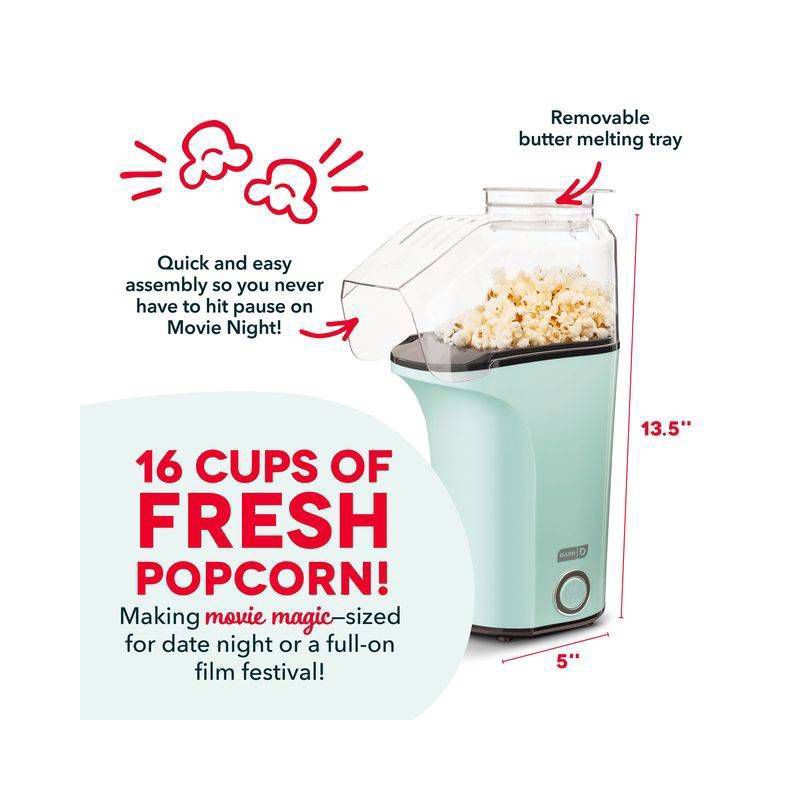 slide 5 of 8, Dash 16 Cup Electric Popcorn Maker - Aqua: 1400W Popcorn Popper, 8 Kernel Capacity, Easy Clean, Metal & Plastic, 1 ct