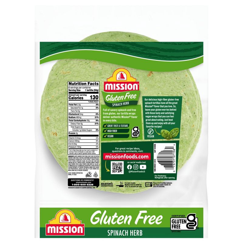 slide 2 of 8, Mission Gluten Free Spinach & Herb Tortilla Wraps - 10.5oz/6ct, 6 ct; 10.5 oz