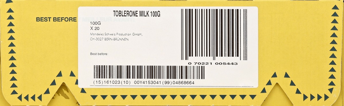 slide 5 of 5, Toblerone Milk Chocolate Bar with Honey and Almond Nougat, 20 - 3.52 oz Bars, 70.55 oz