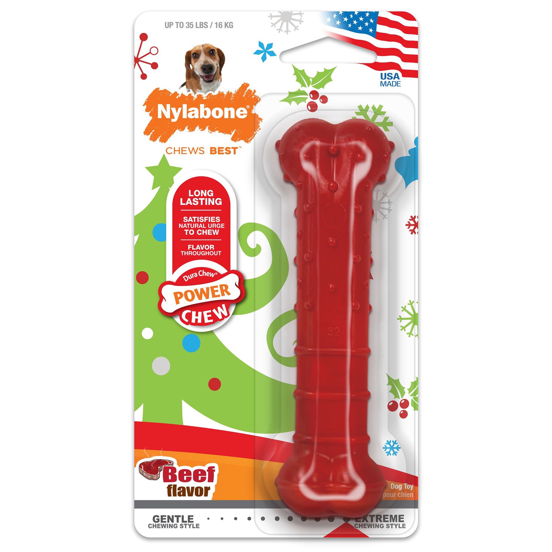 slide 1 of 1, Nylabone Holiday Power Chewer Red Bone Dog Toy, 1 ct