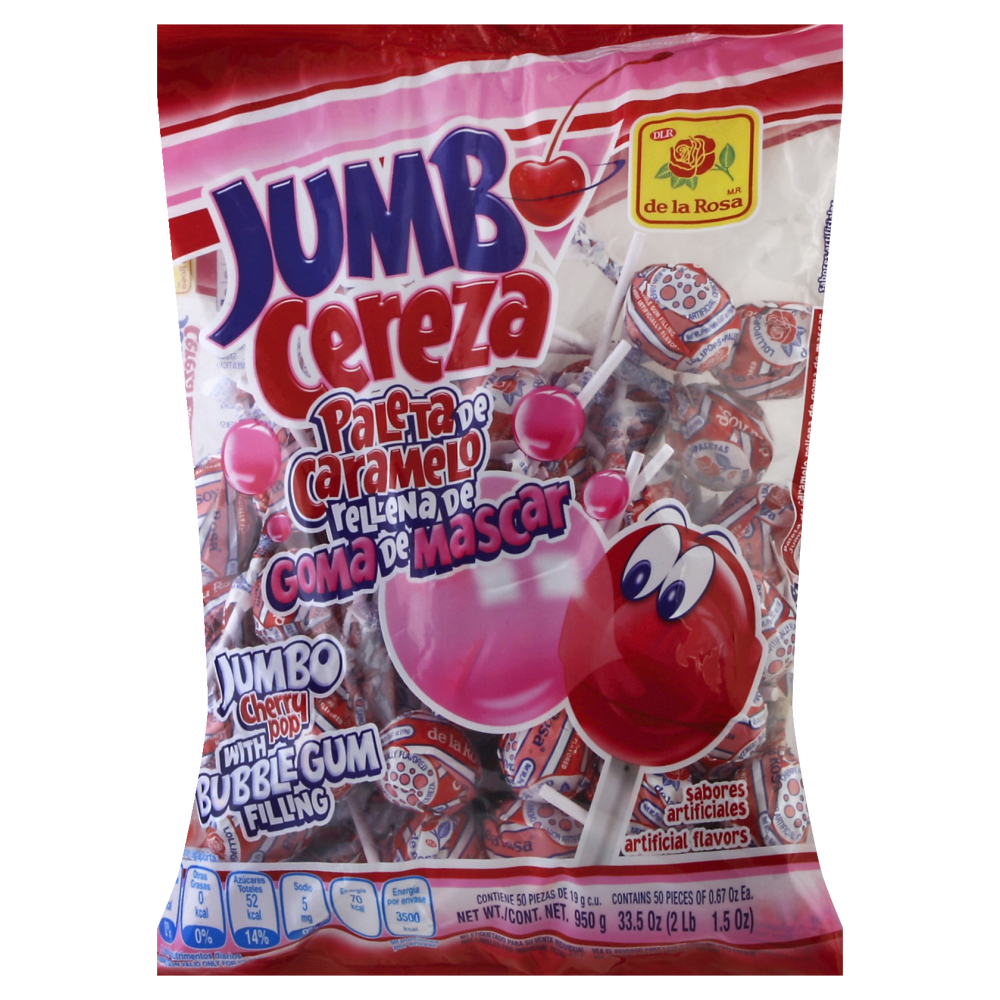 slide 1 of 1, De la Rosa Jumbo Cherry Pop With Bubble Gum Filling, 33.5 oz
