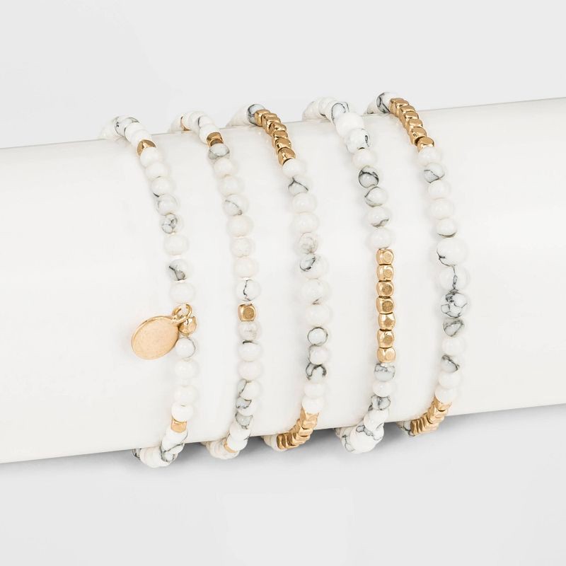 slide 1 of 1, Howlite Multi-Strand Bracelet Set 5pc - Universal Thread™ White/Gold: Stone Stretch Band, One Size Fits Most, 5 ct