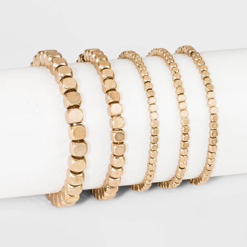 slide 1 of 1, Metal Multi-Strand Bracelet Set 5pc - Universal Thread™ Gold: Stretch Band, Brass Material, One Size Fits Most, 5 ct