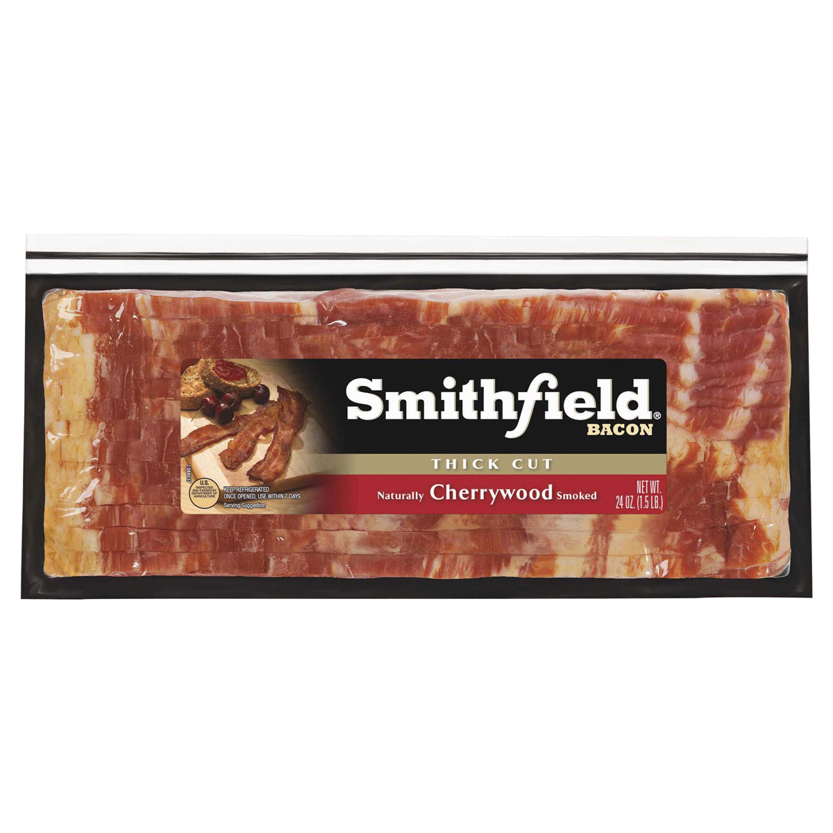 slide 1 of 9, Smithfield Cherrywood 24oz Thick Sliced Bacon, 24 oz