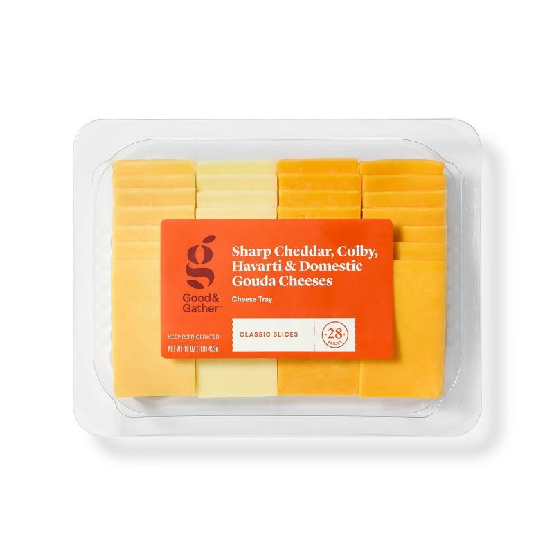 slide 1 of 3, Sharp Cheddar, Colby, Havarti & Domestic Gouda Cheese Slice Party Tray - 28ct/16oz - Good & Gather™, 28 ct; 16 oz