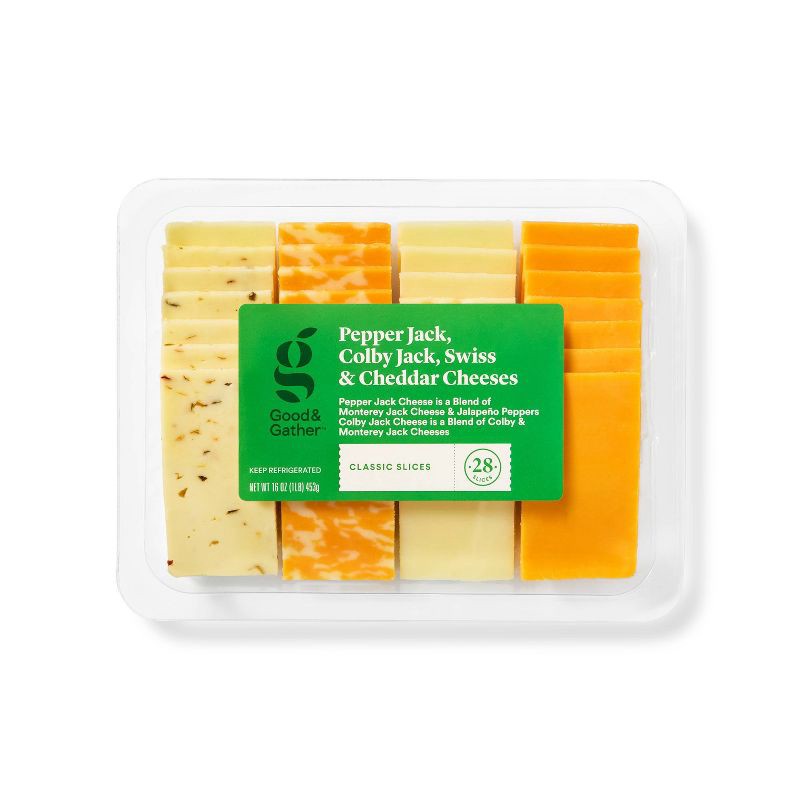 slide 1 of 3, Pepper Jack, Colby Jack, Swiss & Cheddar Cheese Slice Party Tray - 28ct/16oz - Good & Gather™, 28 ct; 16 oz