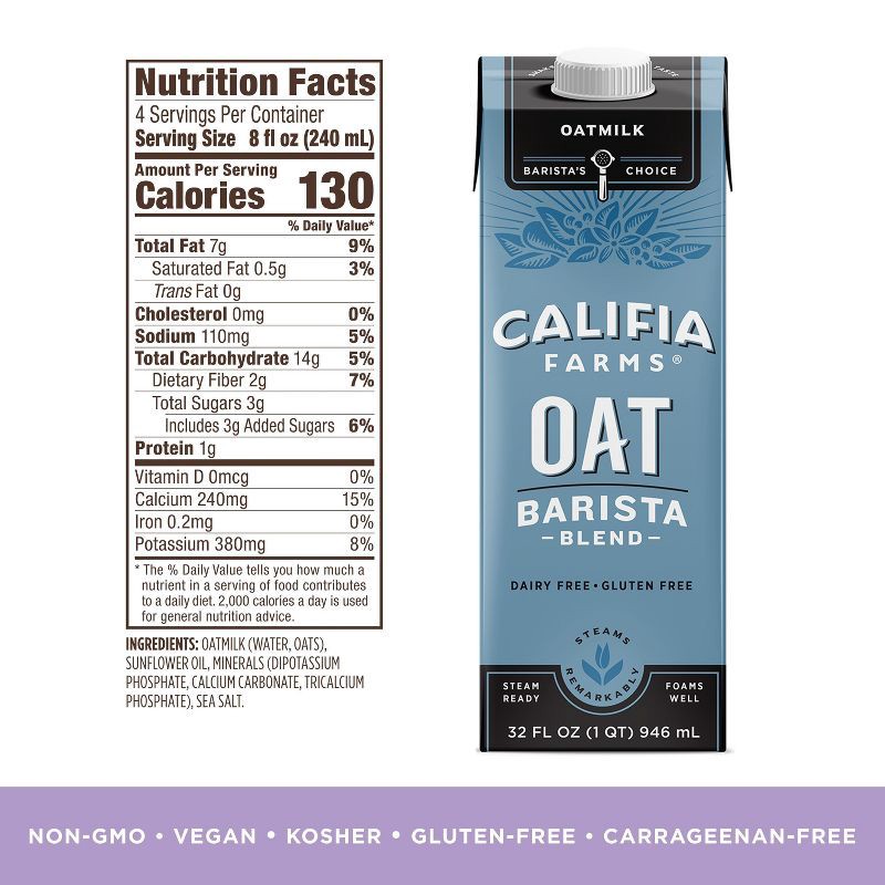 slide 5 of 5, Califia Farms Oat Barista Blend Oat Milk - 1qt, 1 qt