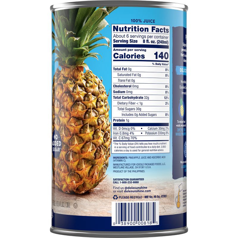 slide 4 of 8, Dole 100% Pineapple Juice - 46 fl oz Can, 46 fl oz