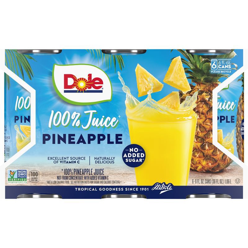 slide 2 of 6, Dole 100% Pineapple Juice - 6pk/6 fl oz Cans, 6 ct, 6 fl oz