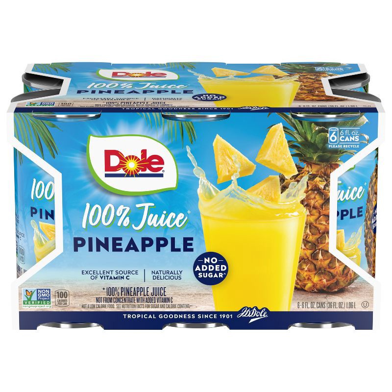 slide 1 of 6, Dole 100% Pineapple Juice - 6pk/6 fl oz Cans, 6 ct, 6 fl oz