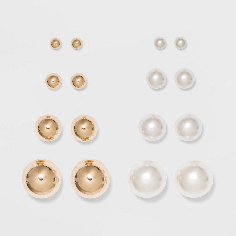 slide 1 of 3, Stud Earring Set 8pc - A New Day™ Gold/Pearl, 8 ct