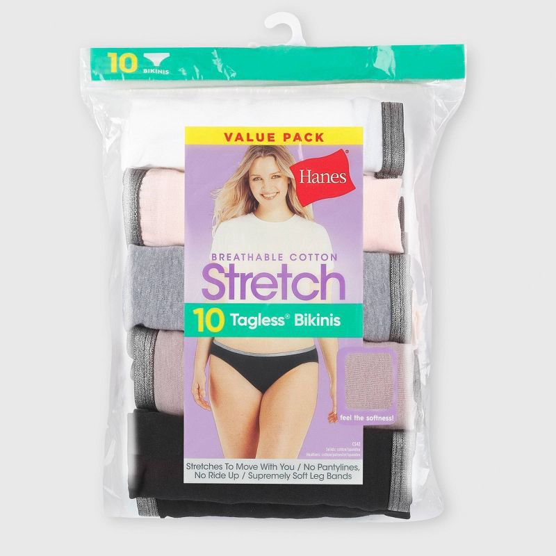 slide 2 of 5, Hanes Women's 10pk Breathable Stretch Cotton Bikini Underwear - Colors May Vary 9: Tagless, Lightweight Knit, Low Rise, 10 ct
