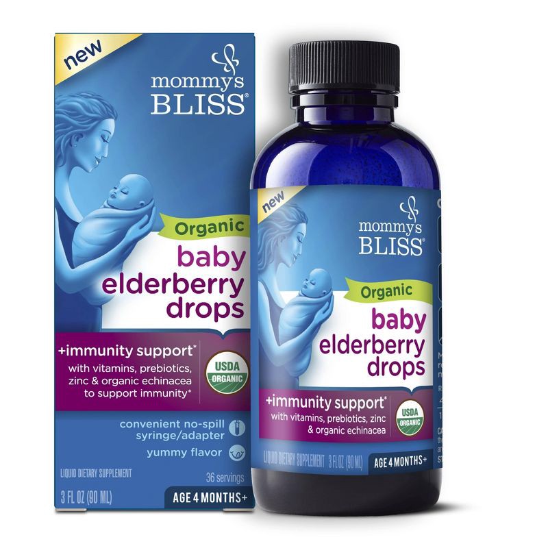 slide 1 of 8, Mommy's Bliss Organic Baby Elderberry Drops + Immunity Support - 3 fl oz (36 servings), 3 fl oz, 36 servings