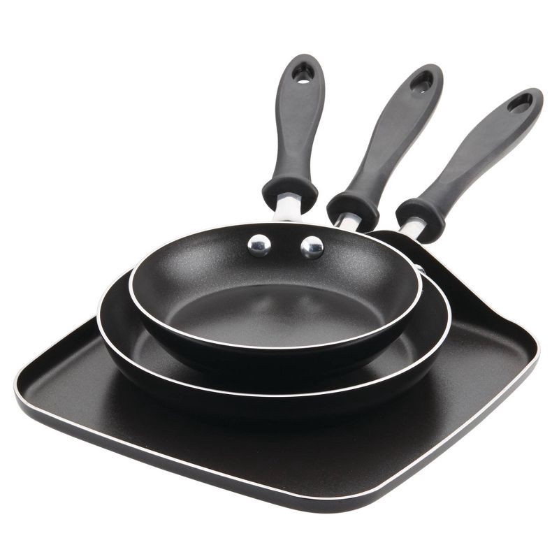 slide 1 of 9, Farberware 3pc Nonstick Aluminum Reliance Skillet and Griddle Cookware Set Black: Even-Heating Pan Set, Dishwasher-Safe, 3 ct