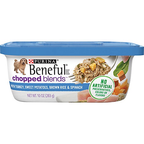 slide 1 of 1, Beneful Chopped Blends Dog Food With Turkey Sweet Potatoes Brown Rice & Spinach Can, 10 oz