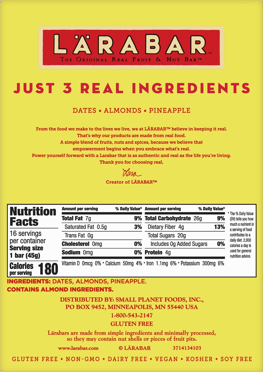 slide 8 of 10, LÄRABAR Pineapple Upside Down Cake Fruit & Nut Bars 16 Count, 25.6 oz